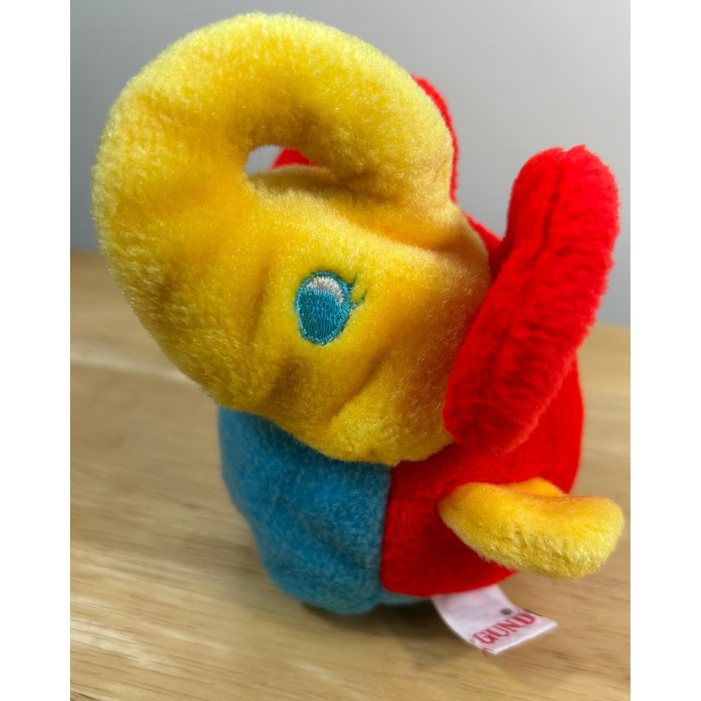 VTG 1982 Gund Plush Elephant Baby Rattle Toy Bright Primary Colors Taiwan Retro